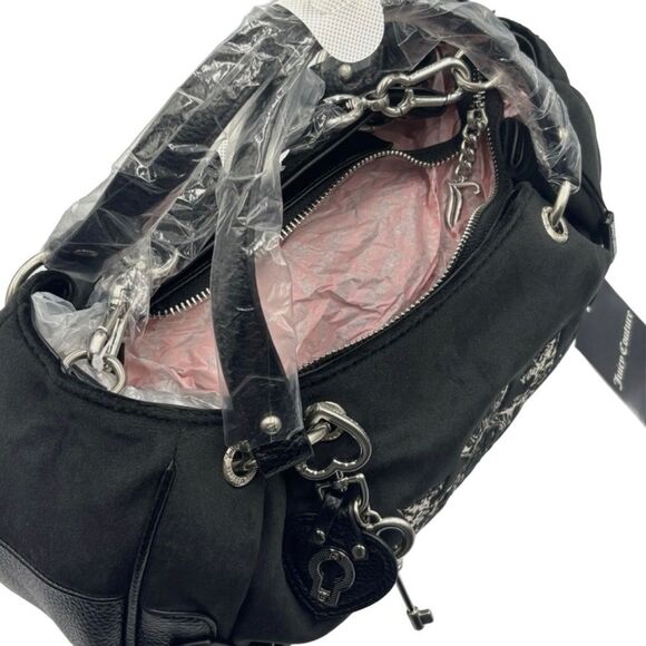 Juicy Couture Black Velour Faux Leather Nuova Twig Dog Double Handle X-Body Bag - Picture 7 of 10